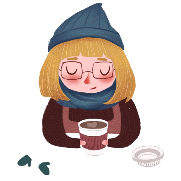 手绘冬季喝咖啡的女孩