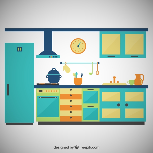 蓝绿色厨房设计矢量素材