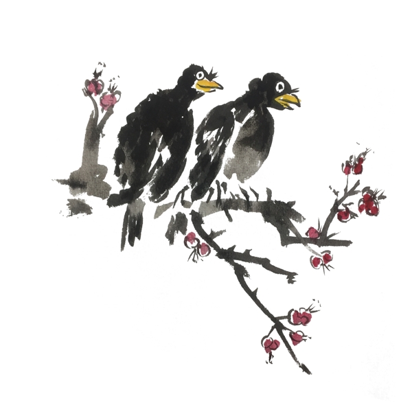 中国风两只乌鸦手绘插画
