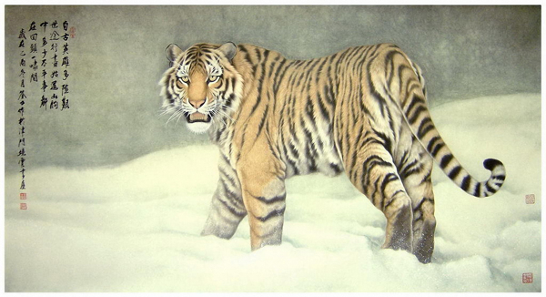 国画雪地里的老虎图片
