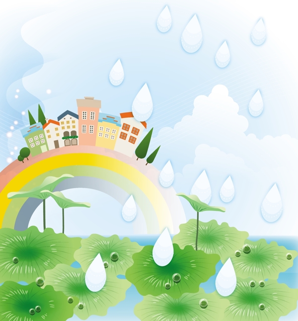 彩虹上的房屋和雨滴下的荷叶