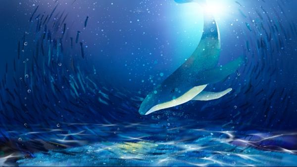 蓝色梦幻深海鲸鱼插画