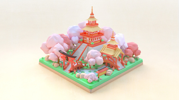 C4D中国风孟菲斯色系寺庙模型