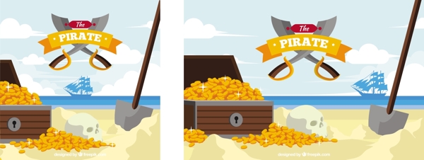 海盗箱子和金色硬币海滩背景