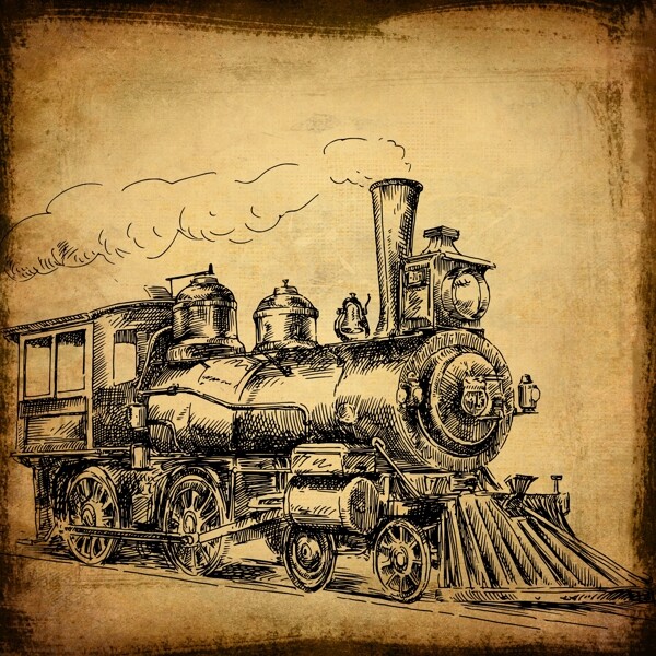 复古的火车头水墨画图片
