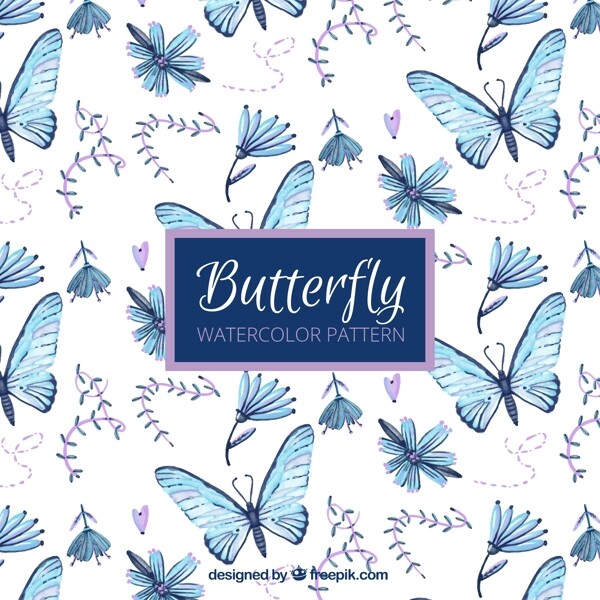 蓝色蝴蝶和花卉无缝背景矢量