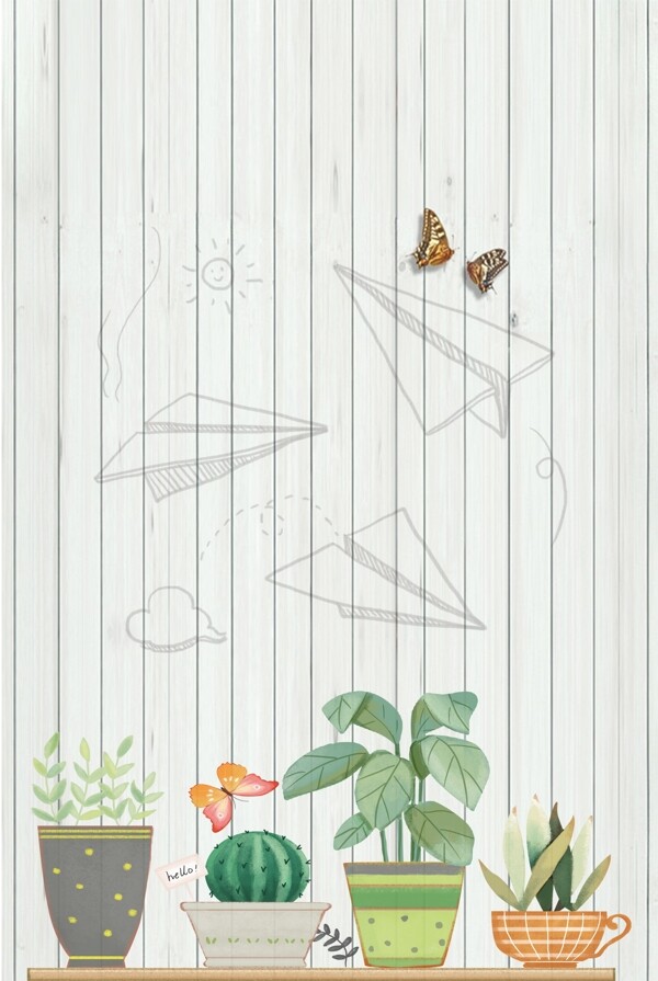 清新文艺卡通手绘植物蝴蝶图