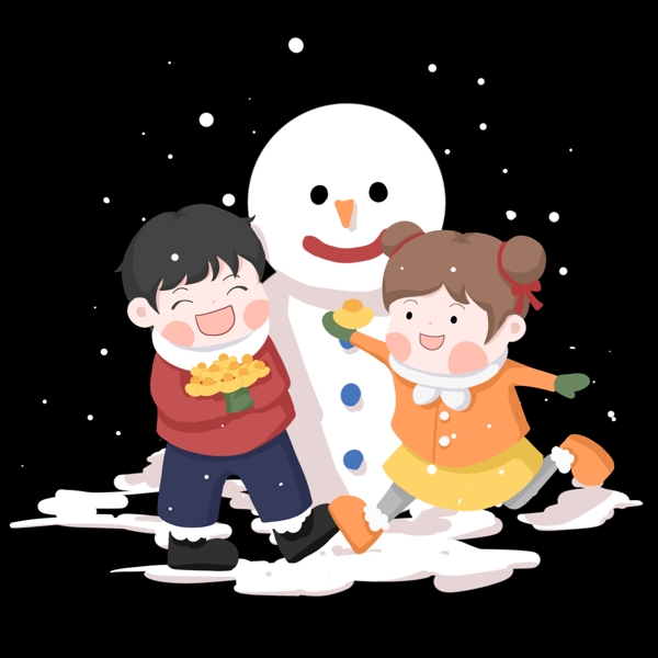 新年小孩堆雪人图