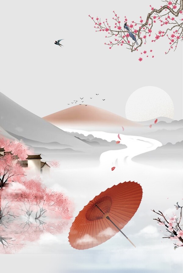 莫兰迪中国风纸伞山水海报