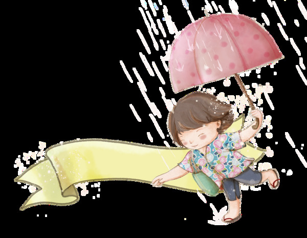 手绘童趣撑洋伞的女孩装饰图案
