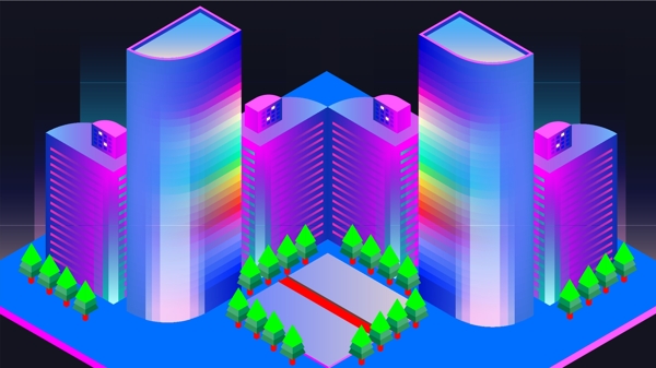 2.5D科技感炫彩金融建筑大厦高楼