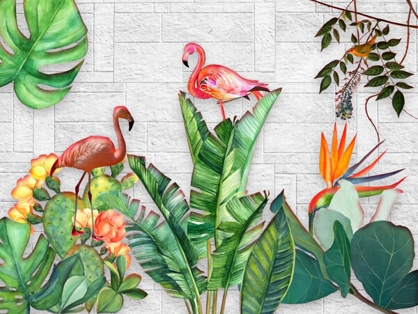 北欧简约时尚热带手绘植物火烈鸟背景墙