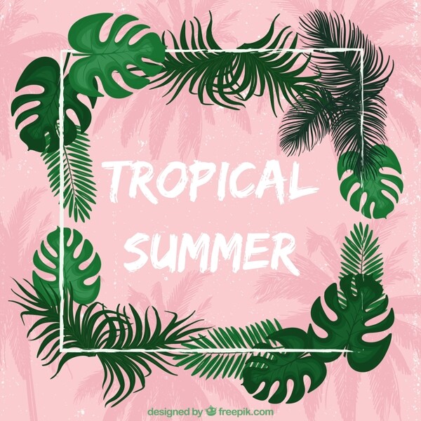 热带夏天主题棕榈叶边框粉红色背景