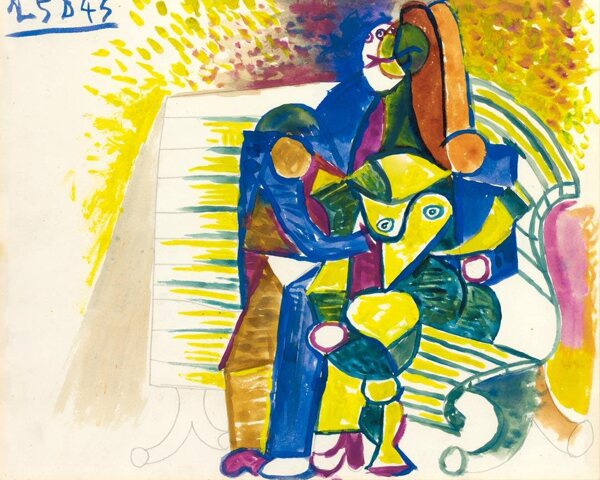 1943CouplesurunbancR西班牙画家巴勃罗毕加索抽象油画人物人体油画装饰画