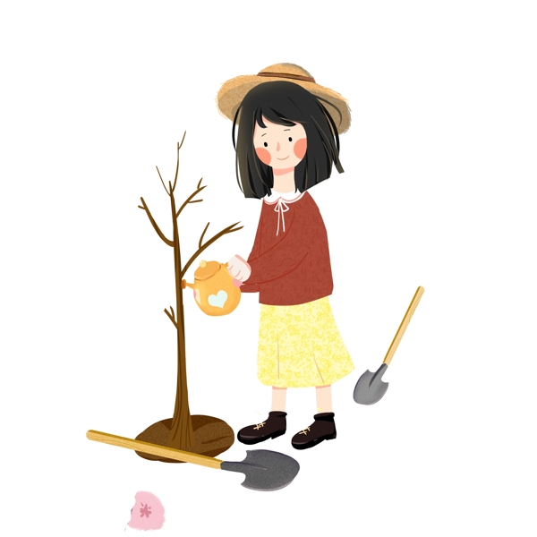 卡通可爱给小树苗浇花的女孩