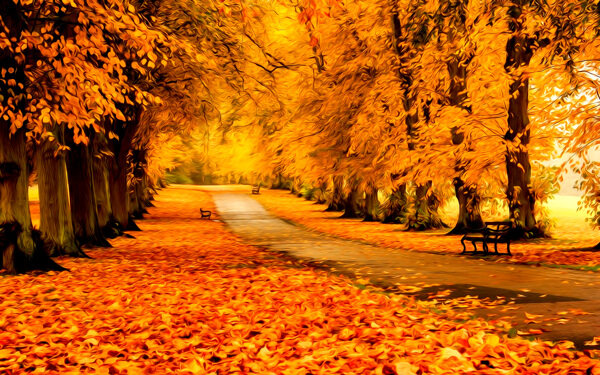 秋天落叶风景油画图片