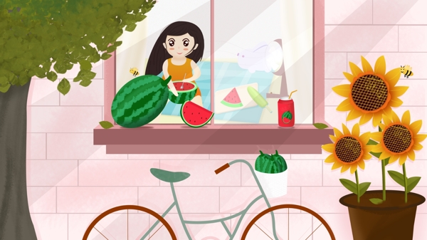 二十四节气可爱卡通夏至女孩吃西瓜原创插画