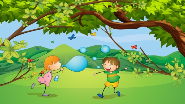 国际儿童日树荫下玩耍的孩子矢量插画