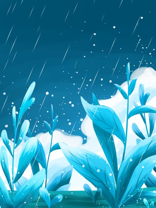 下雨蓝色梦境唯美植物插画背景