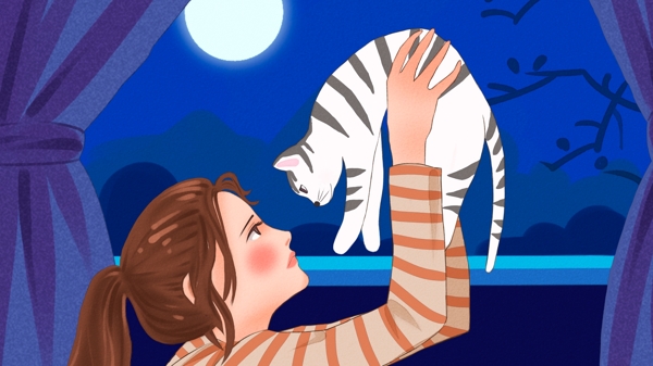 萌宠夜晚窗前和猫咪互相凝望的少女原创插画