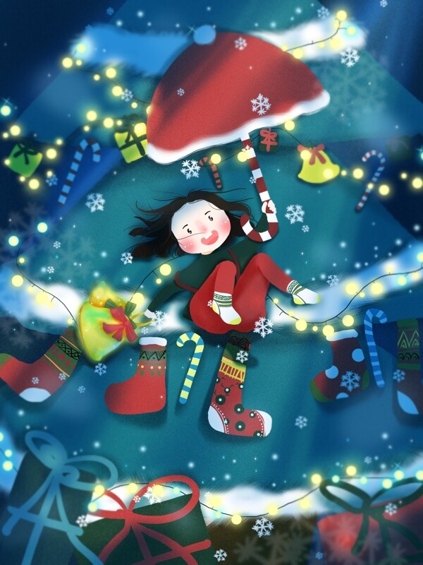 圣诞节女孩铃铛圣诞树袜子礼物欢乐插画