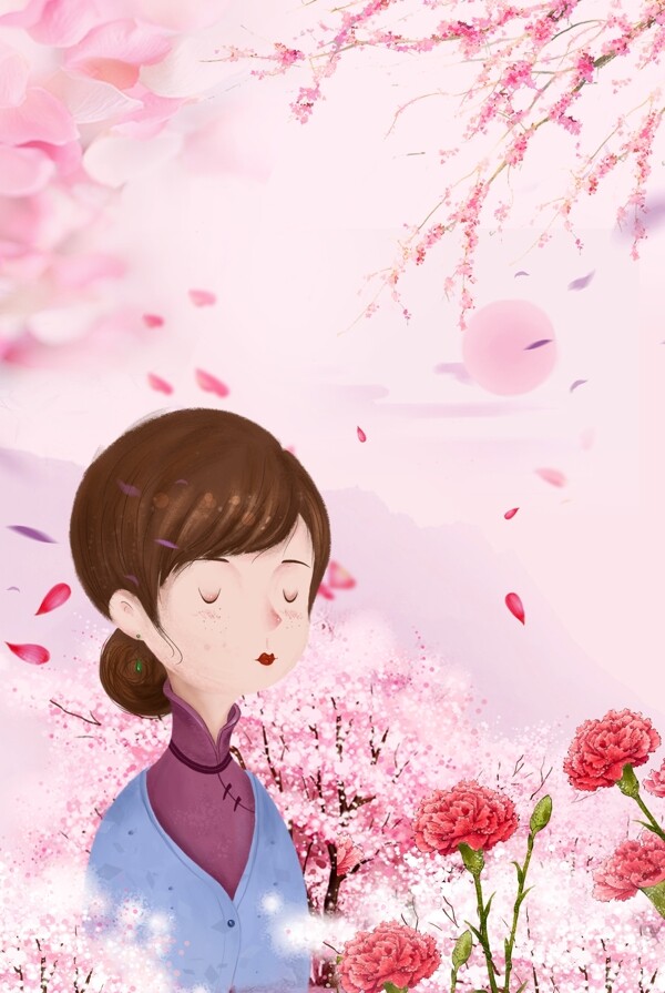 浪漫粉色温馨母亲节花卉人物背景