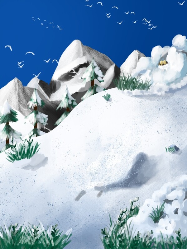 手绘冬季雪山背景设计