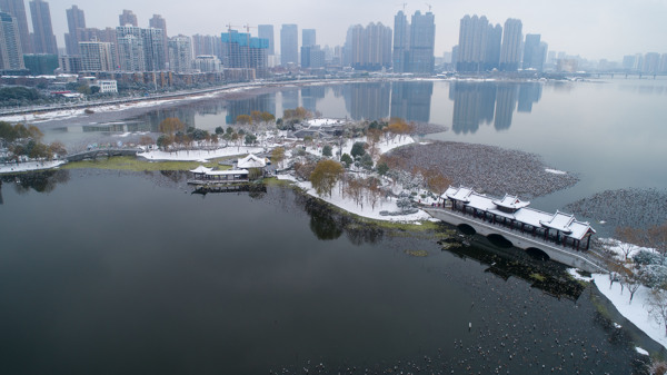 武汉沙湖公园雪景航拍