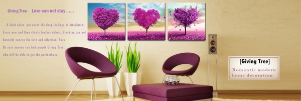 紫色心形树三联装饰画无框画海报设计