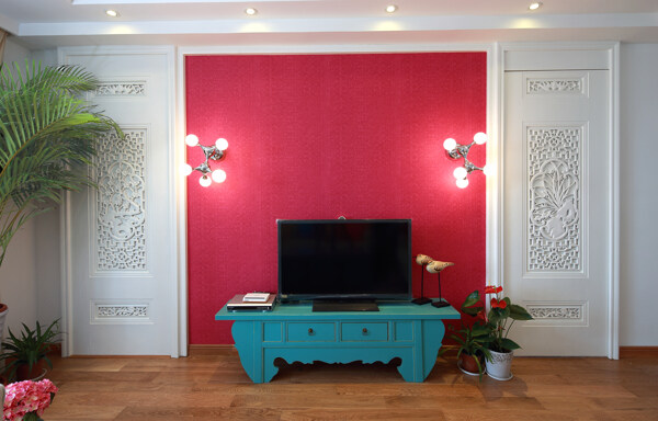现代时尚浪漫玫红色背景墙客厅室内装修图