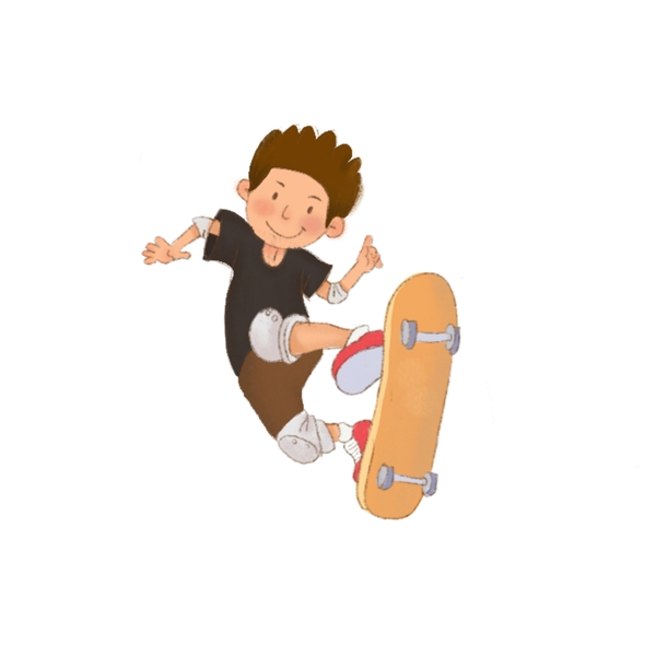手绘儿童插画风格可爱卡通滑板男孩