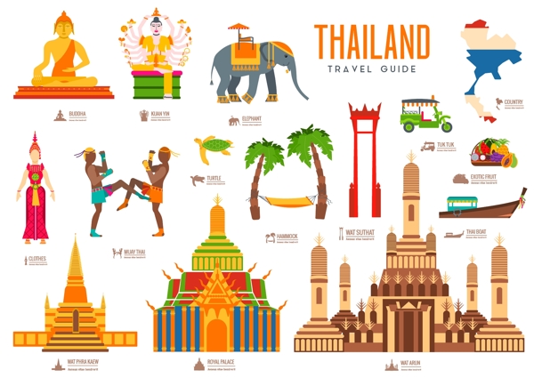 卡通泰国旅游场景海报元素矢量素材