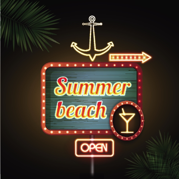 夏季沙滩酒吧霓虹招牌矢量图