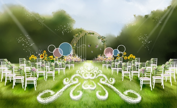粉蓝色棒棒糖主题户外草坪婚礼效果图