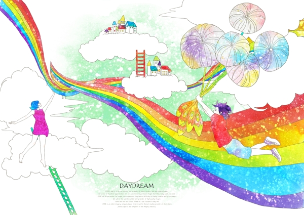 白云上的彩虹和手拿气球的孩子