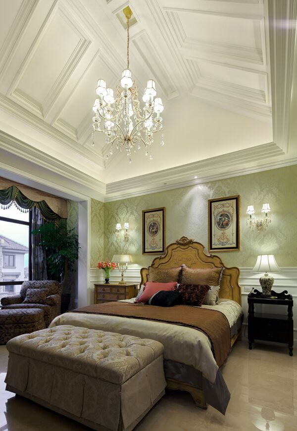 现代时尚卧室亮绿色背景墙室内装修效果图