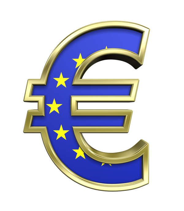 黄金的欧元符号与欧盟旗帜的白色隔离