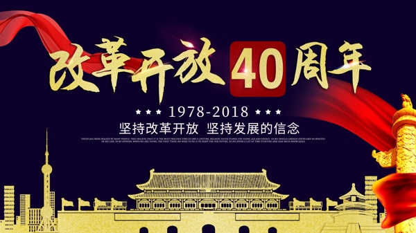 蓝金色风格改革开放40周年展板