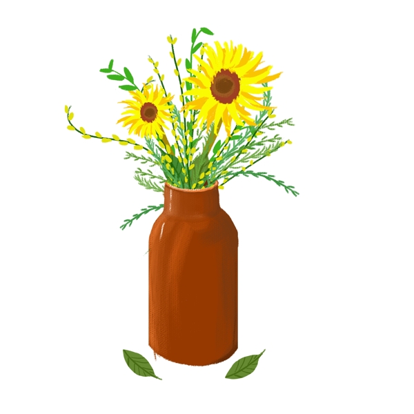 手绘风格植物花瓶里的向日葵花朵