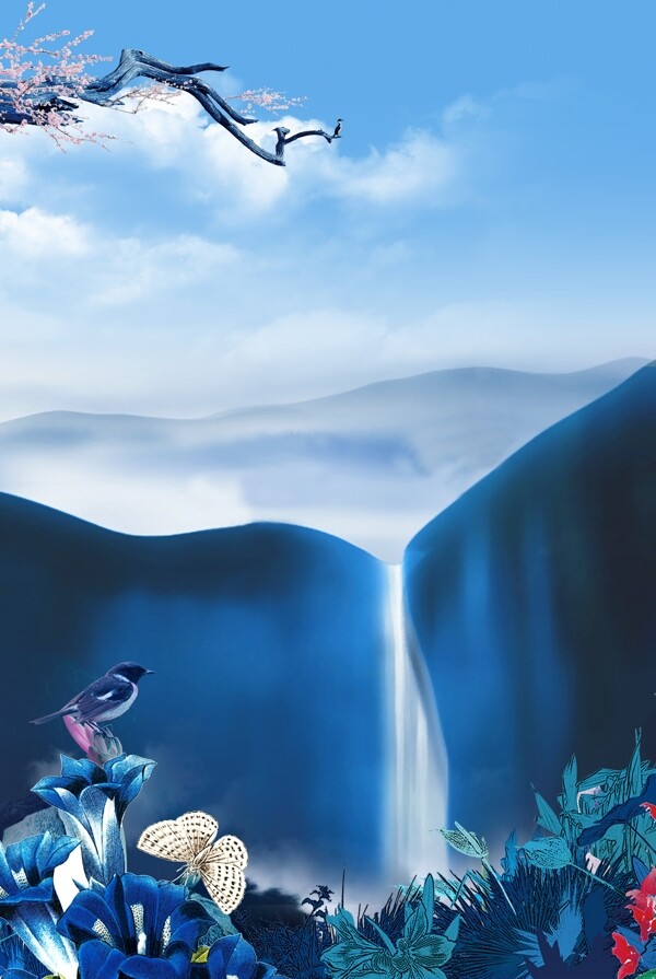 蓝色唯美手绘山水瀑布背景