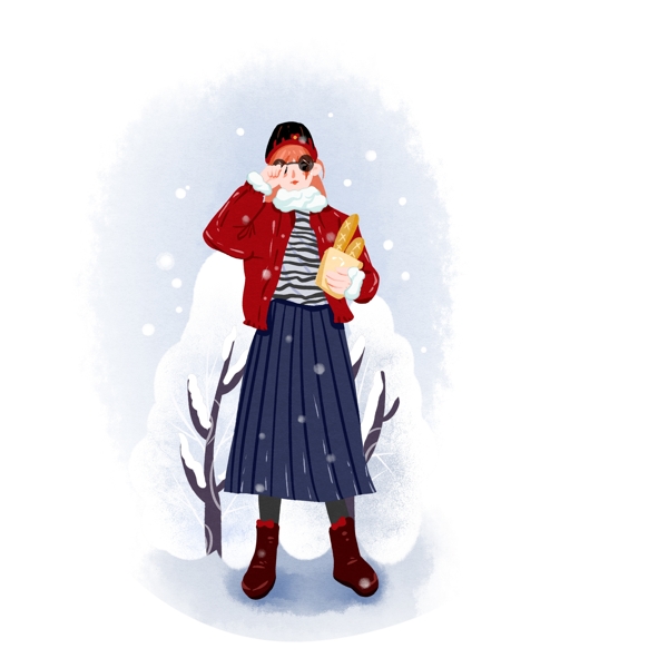 冬天冬装人物女孩下雪扁平卡通元素