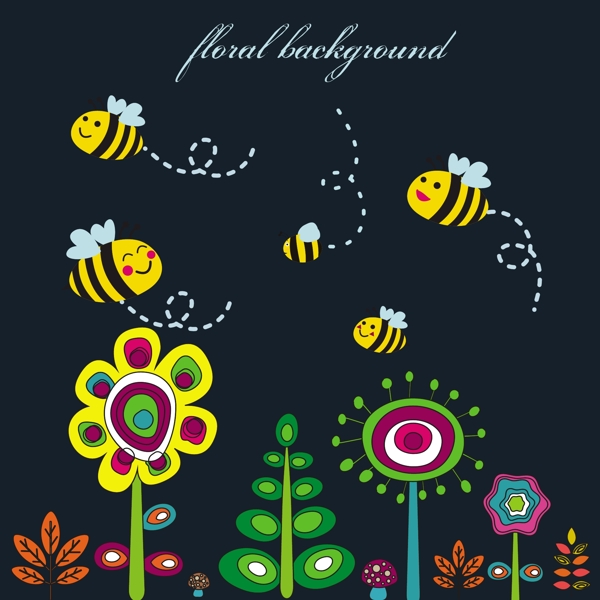 花的背景设计可爱的卡通蜜蜂自由向量