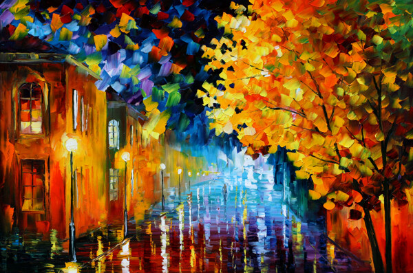 油画城市雨夜图片