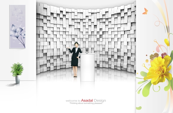 概念3D墙与商务职场美女人物PSD素材