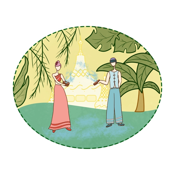 泼水场景傣族人物卡通手绘