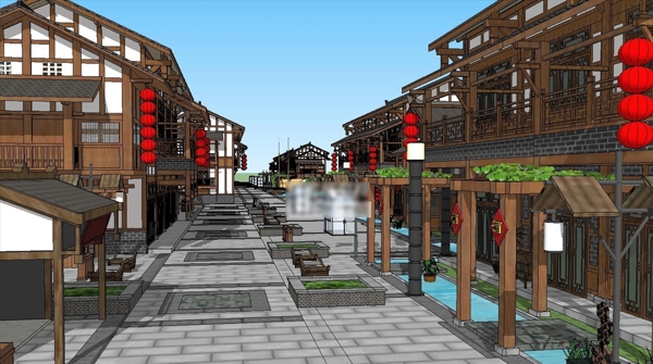 中式商业街古镇的SU模型设计