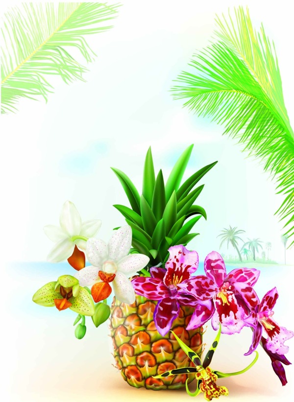 热带菠萝和花朵插画