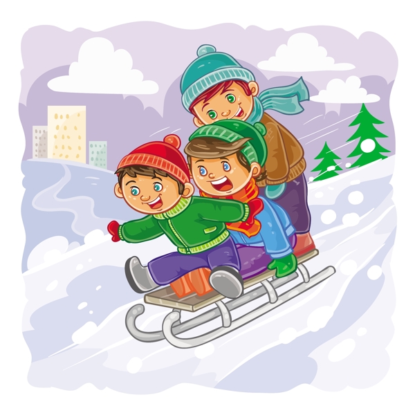 三个小男孩滚在一起从山上的雪橇