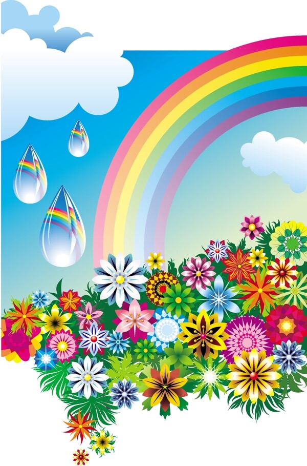 精美色彩花朵与彩虹水珠矢量素材