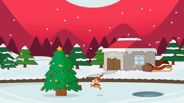 圣诞节之圣诞村圣诞树与驼鹿插画